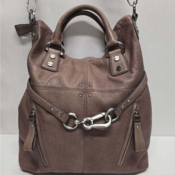 B. Makowsky Large Taupe Brown Leather Hobo Satchel Shoulder Crossbody Bag - Picture 2 of 8